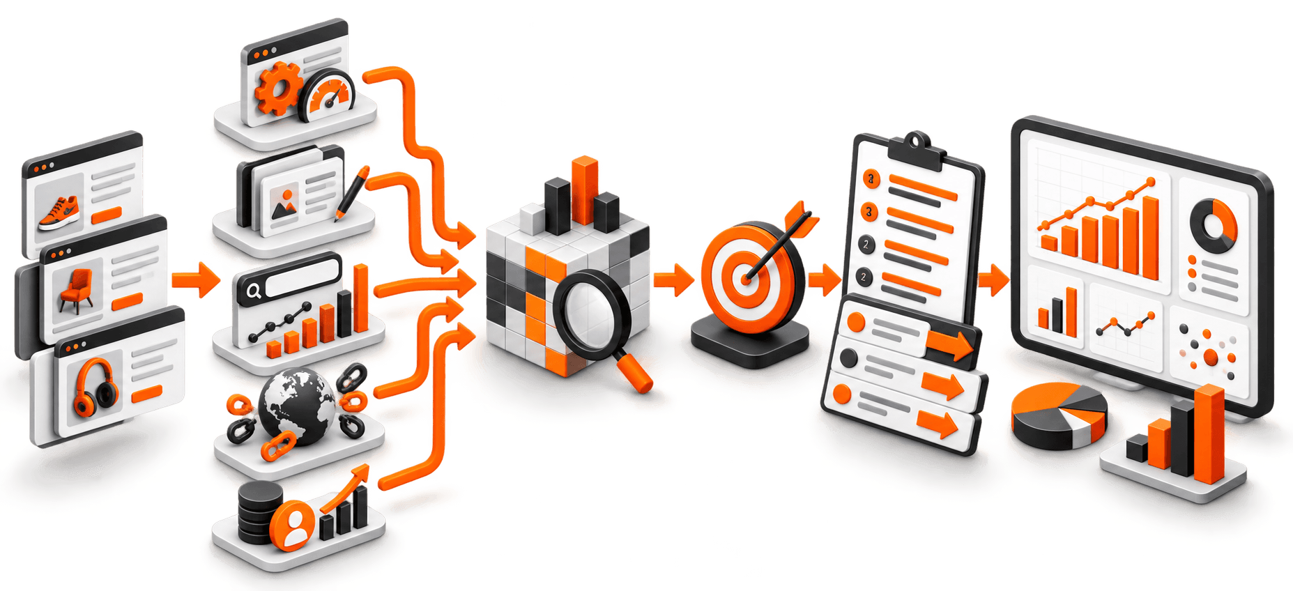 Teknik, içerik, anahtar kelime, backlink ve iş değeri sinyallerini öncelikli SEO yol haritasına dönüştüren puanlama sistemi